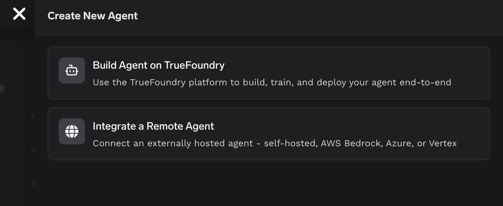 Create New Agent dialog showing TrueFoundry and Remote options