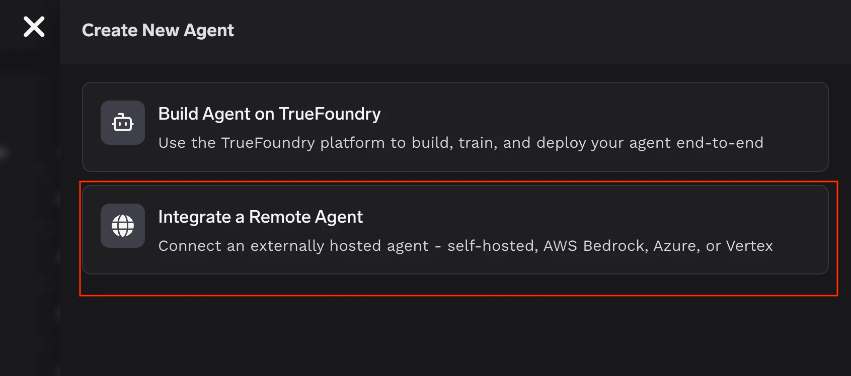 Create New Agent dialog with Integrate a Remote Agent highlighted