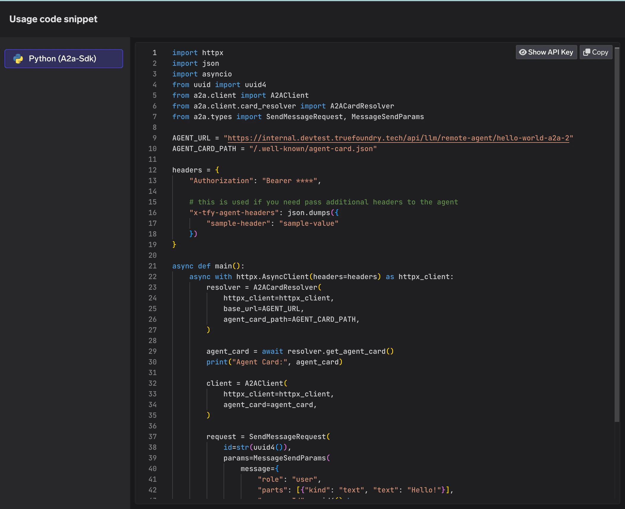 Python code snippet using A2A SDK to invoke a registered remote agent