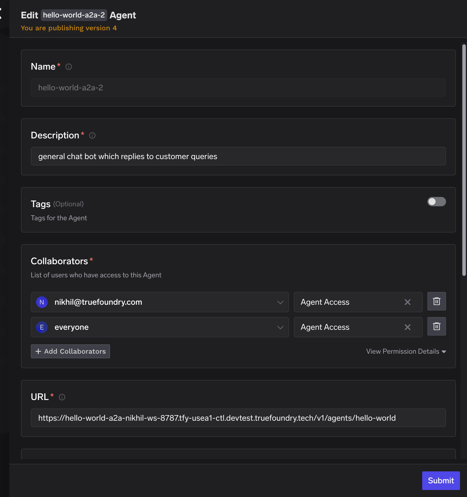 Remote agent registration form showing name, description, collaborators, and endpoint URL