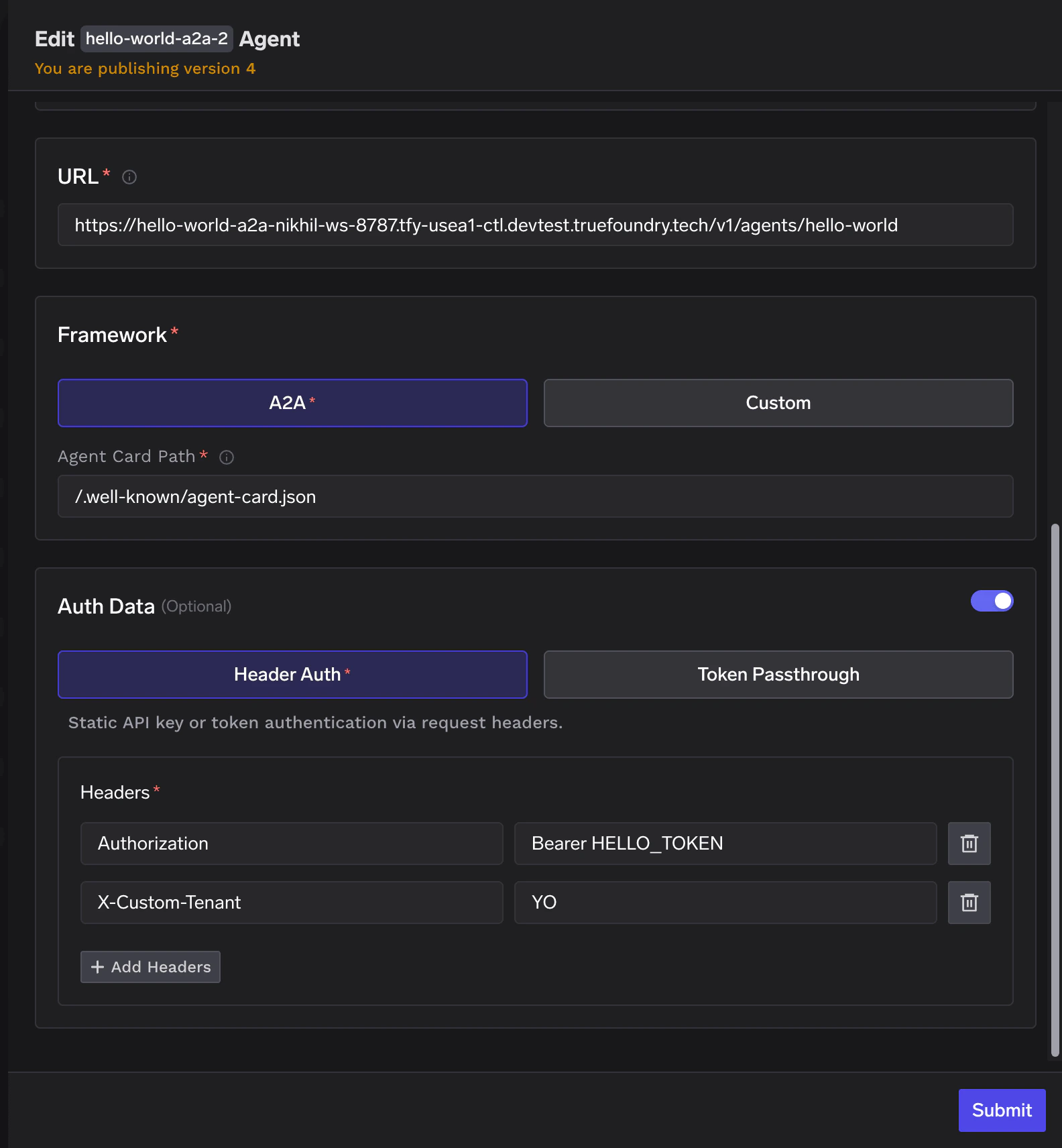 Remote agent registration form showing framework, agent card path, and authentication options