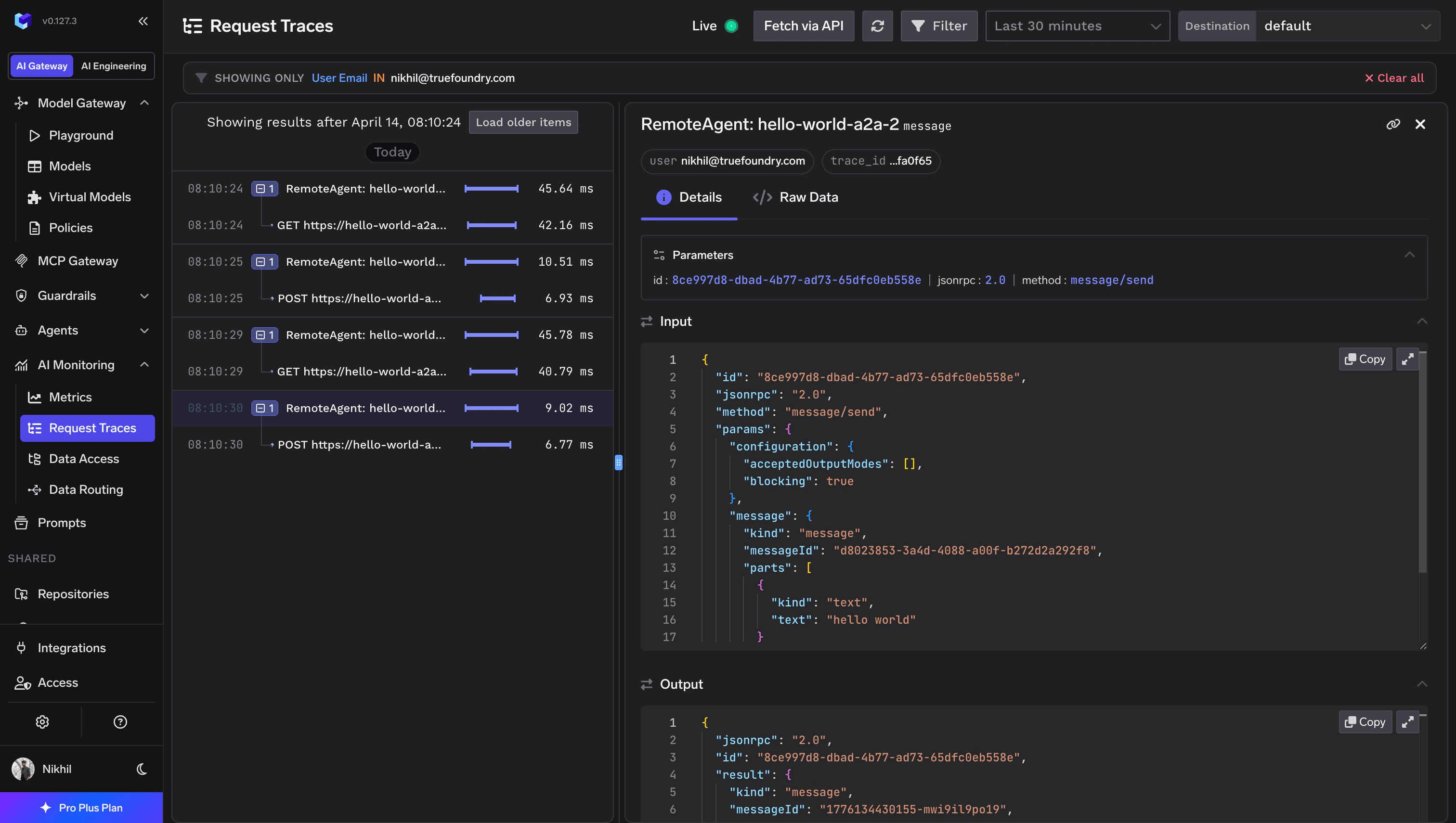 Request Traces for a remote A2A agent showing JSONRPC request and response