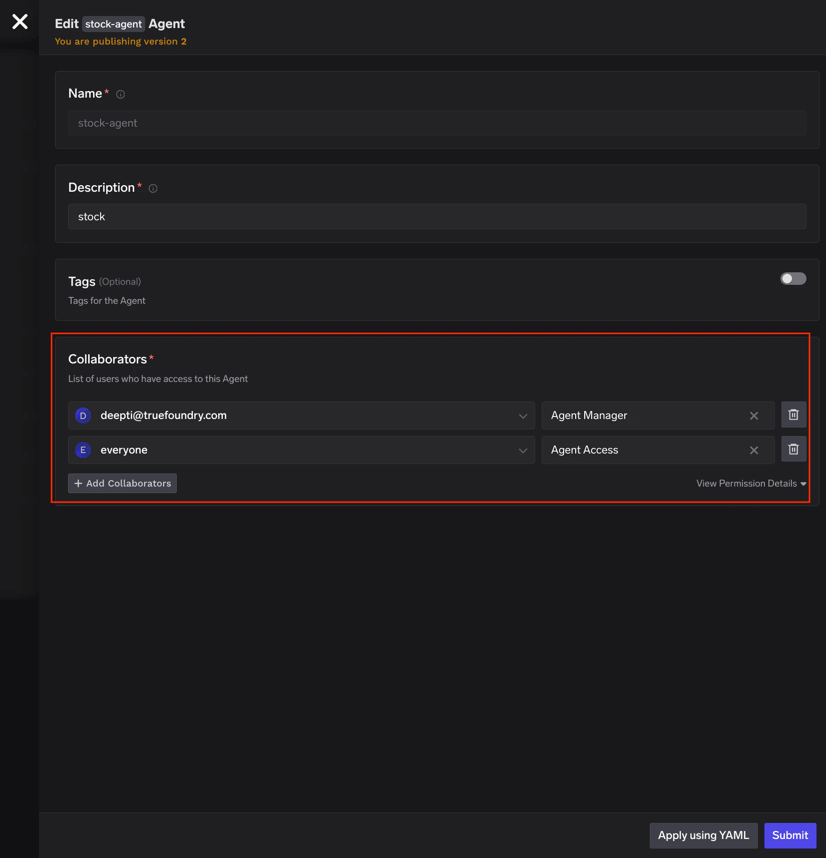 Agent edit form showing name, description, and collaborator access control