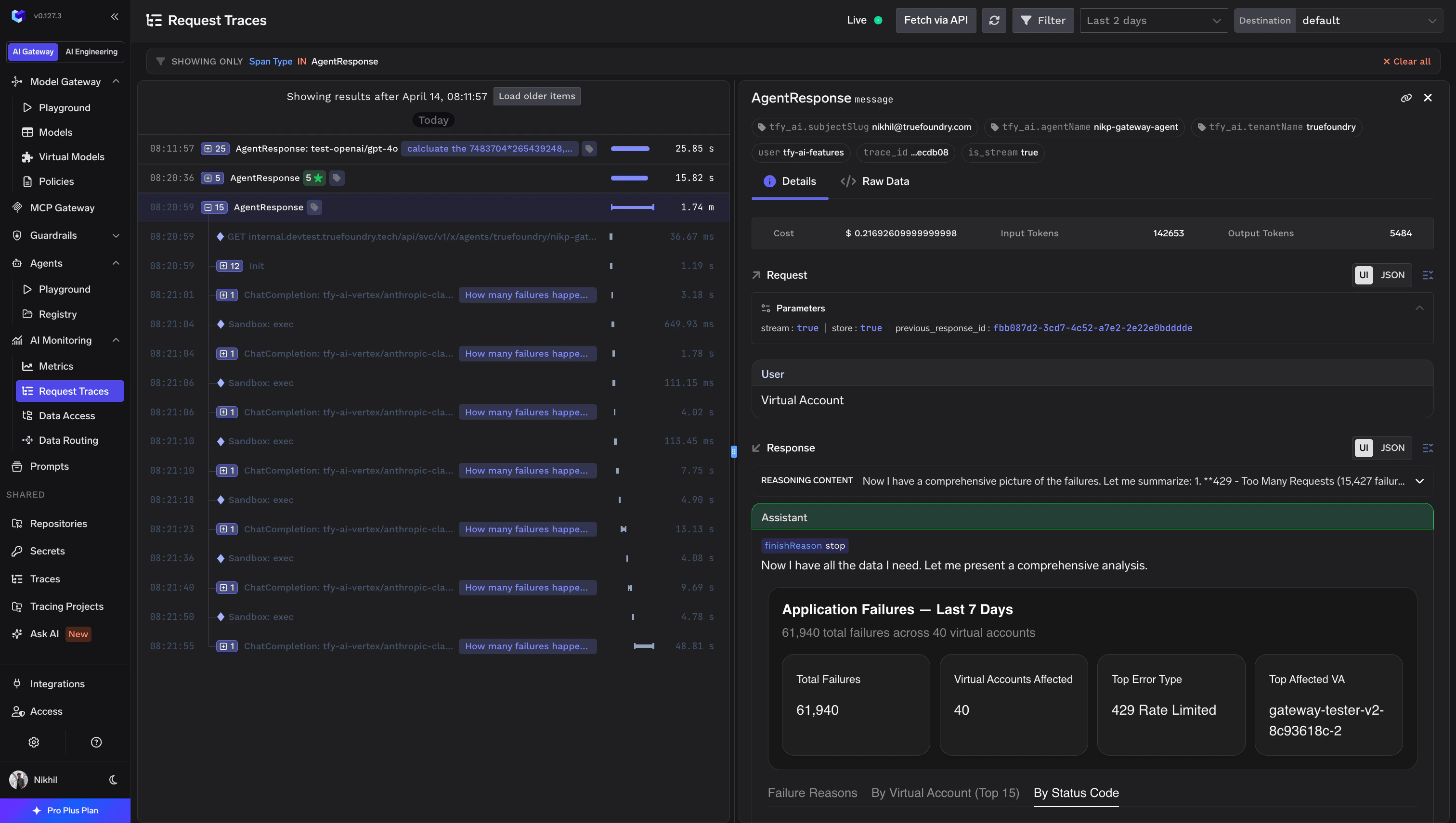 Request Traces showing agent execution spans, cost, and token usage