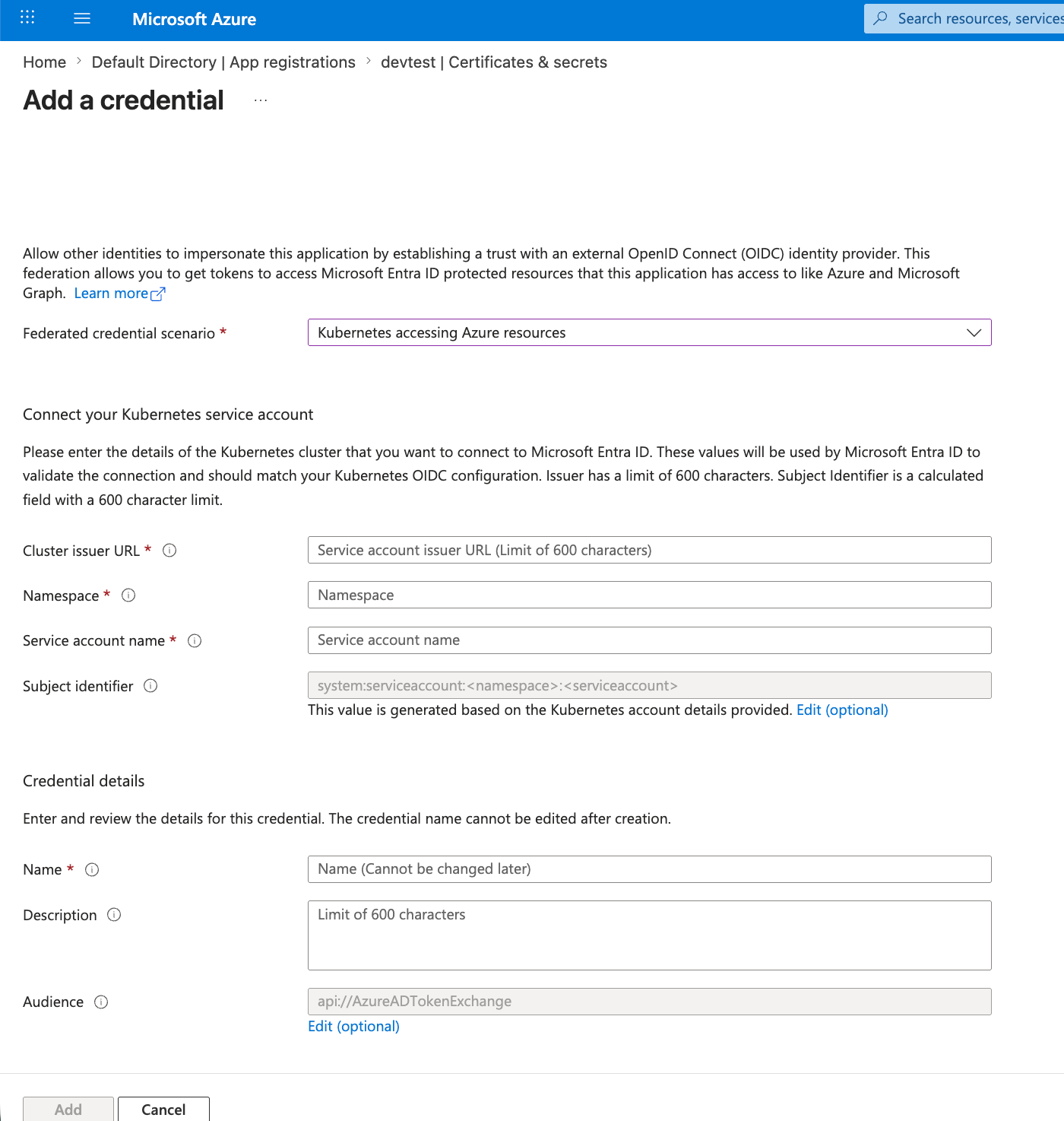 Azure app registration Add credential form showing the Kubernetes accessing Azure resources scenario with cluster issuer URL, namespace, service account name, and the auto-generated subject identifier