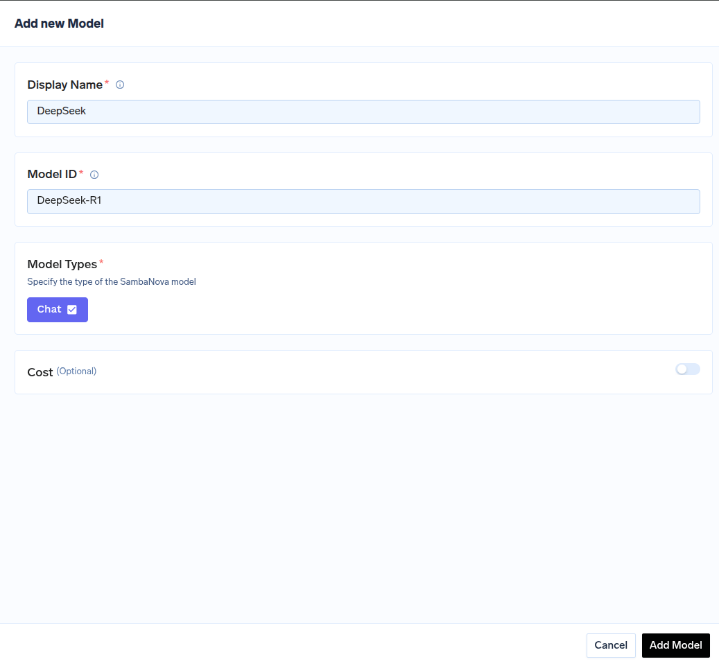 Model addition form for SambaNova with fields for Name and Model ID configuration