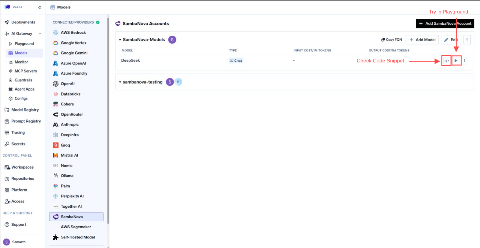 Code Snippet and Try in Playgroud Buttons for each model