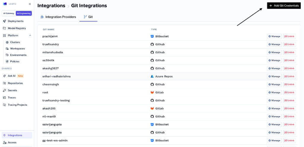 Git Integrations page with the Add Git Credentials button highlighted