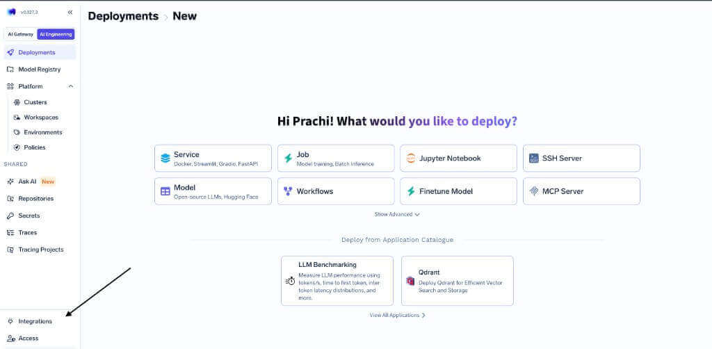 TrueFoundry dashboard sidebar with Integrations highlighted