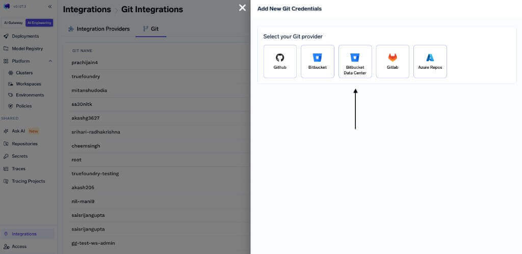 Add New Git Credentials panel showing Bitbucket Data Center selected among Git provider options