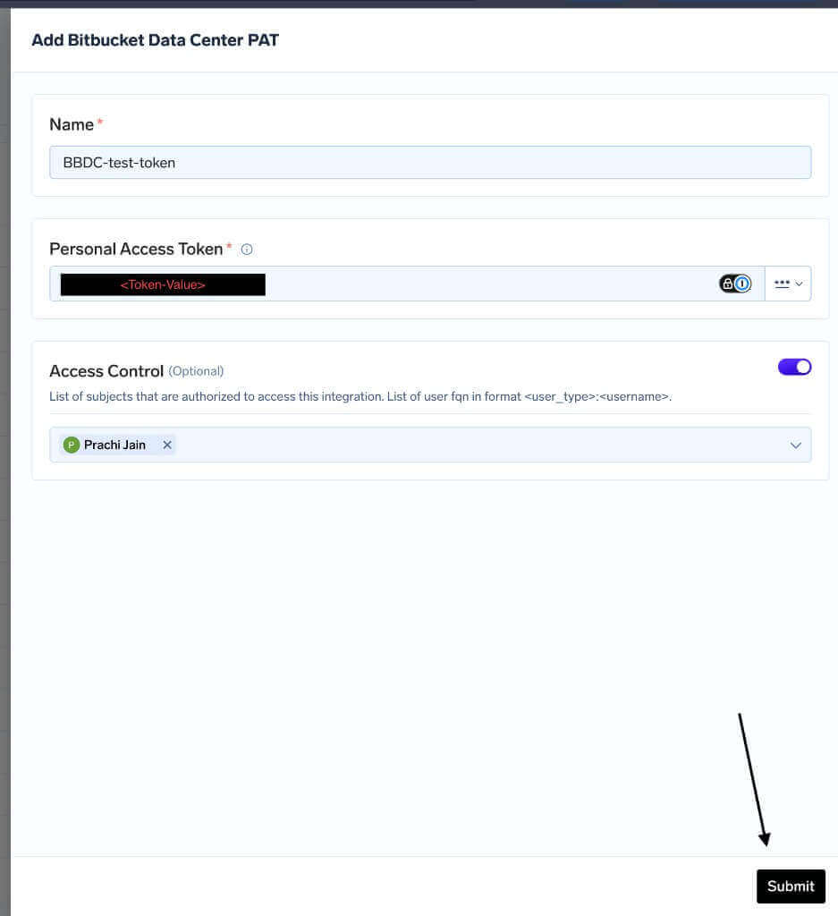Add Bitbucket Data Center PAT form with Name, Personal Access Token, and Access Control fields