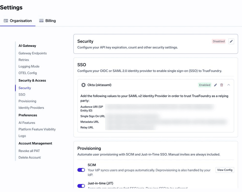 Organisation settings with the Security & Access section selected, showing the Security card with its edit button, the SSO card for a configured Okta SAML connection, and the Provisioning card with SCIM and Just-in-time toggles