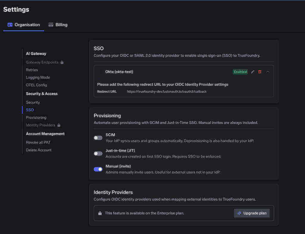 Settings page showing an enabled Okta SSO configuration, provisioning toggles, and Identity Providers