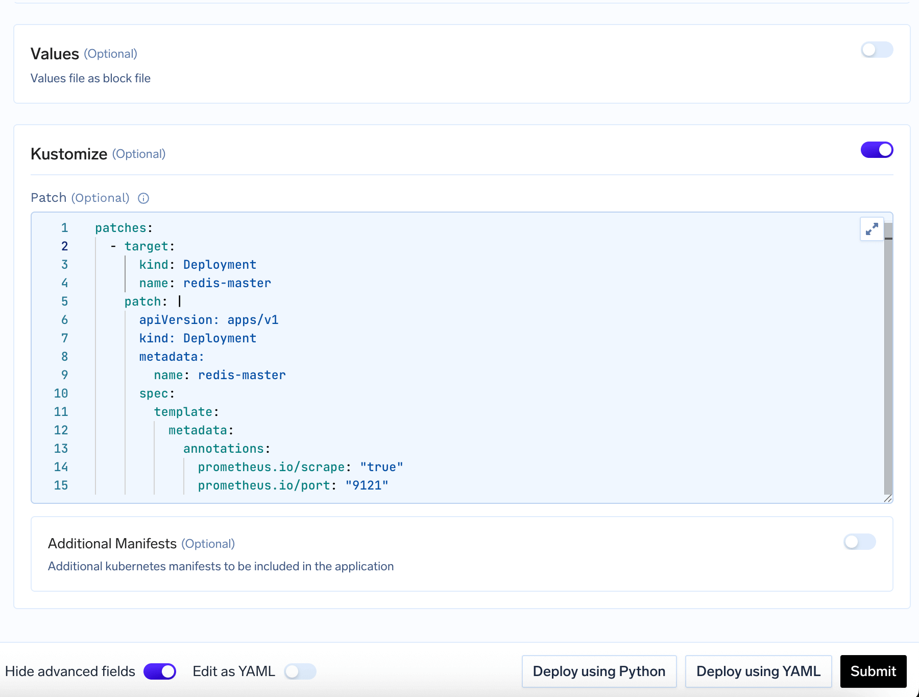 Kustomize configuration showing patch and additional manifests options