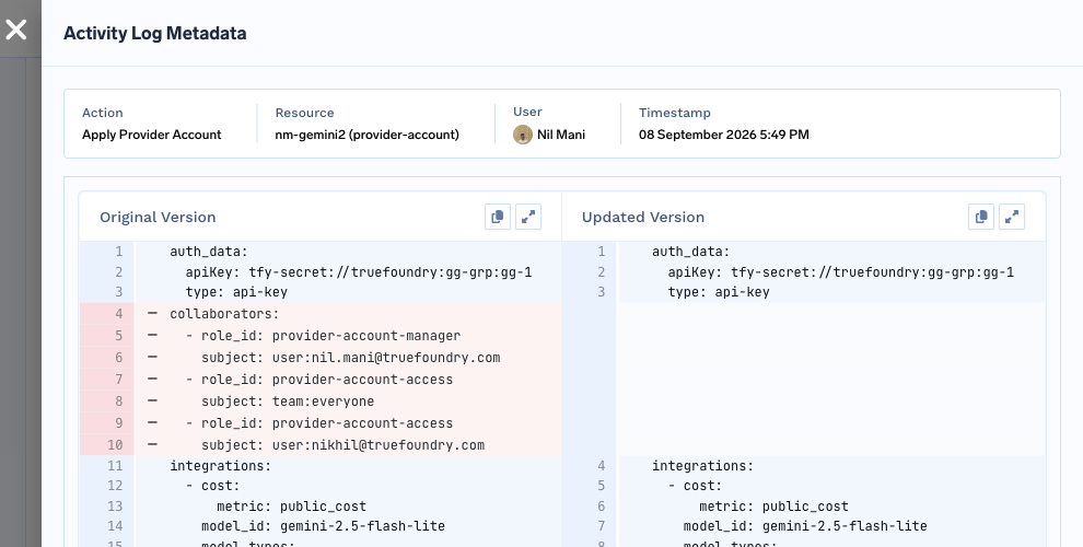 Audit log diff for nm-gemini2 showing the collaborators block present in the original version and absent from the updated version