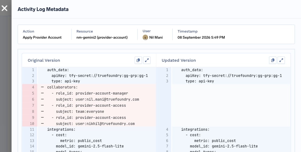 Audit log diff for nm-gemini2 showing the collaborators block present in the original version and absent from the updated version