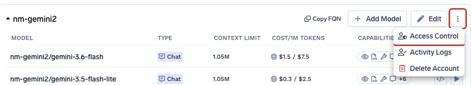 The nm-gemini2 model provider account with its three-dot menu open and Access Control highlighted
