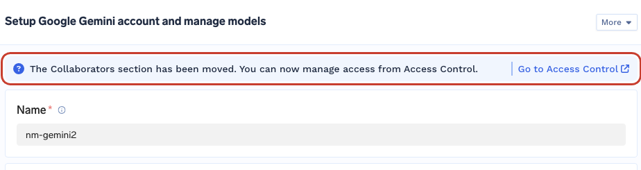 Model provider account form for nm-gemini2 showing that Collaborators has moved to Access Control