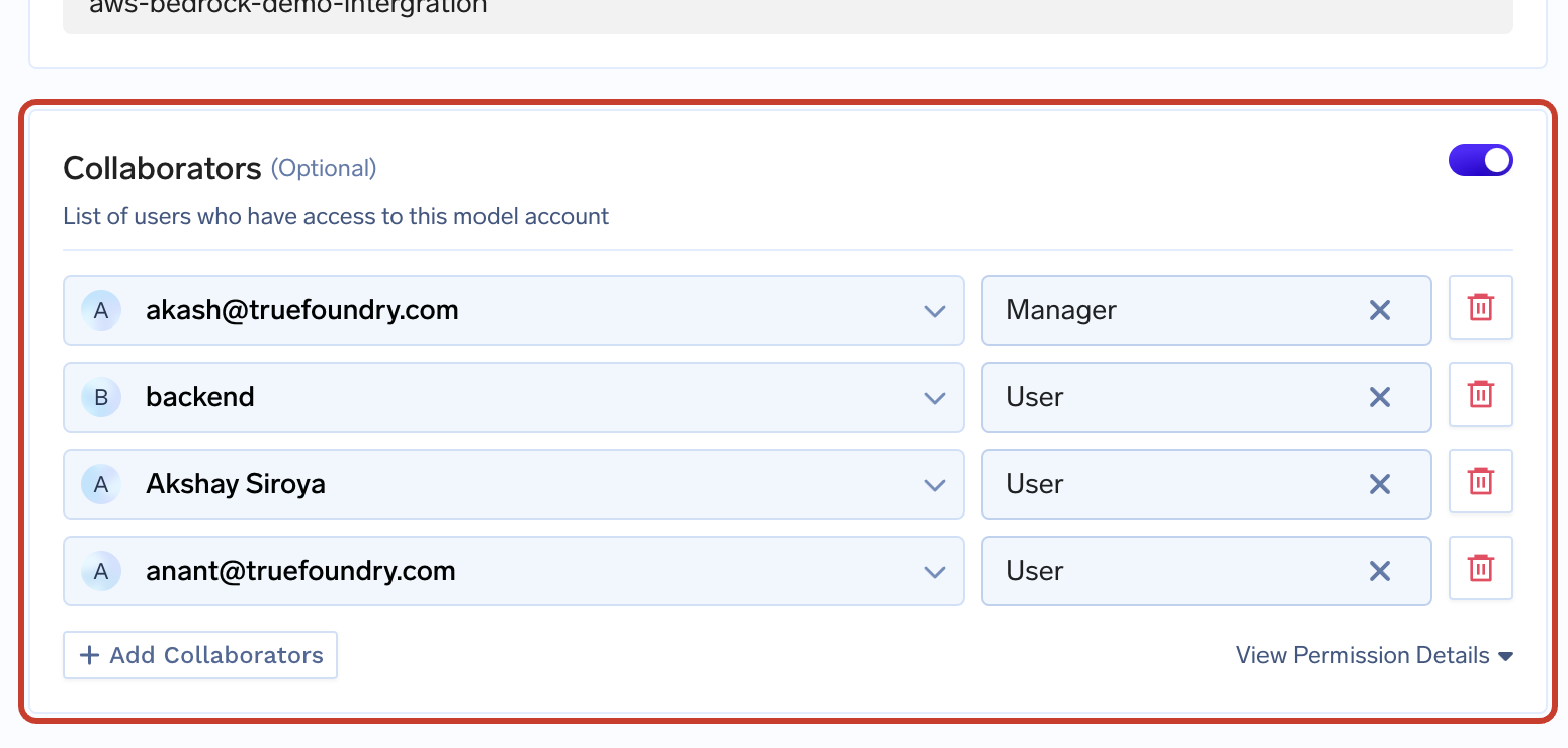 Model provider account form with a Collaborators section listing users, a team, and their roles