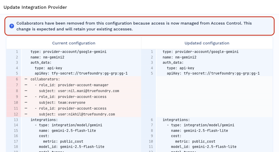 Update confirmation for the nm-gemini2 provider account showing the collaborators block removed from the updated configuration