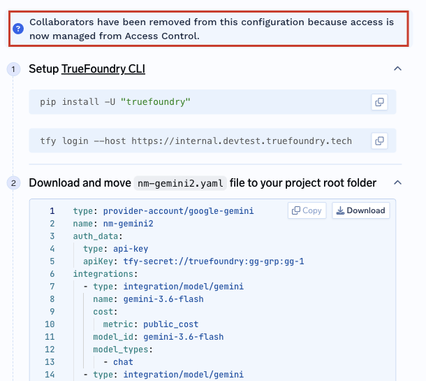 Apply using YAML for the nm-gemini2 provider account without collaborators and with a notice directing users to Access Control