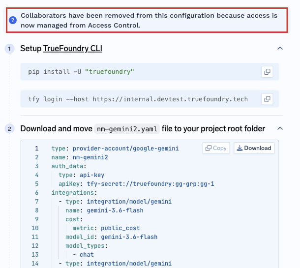Apply using YAML for the nm-gemini2 provider account without collaborators and with a notice directing users to Access Control