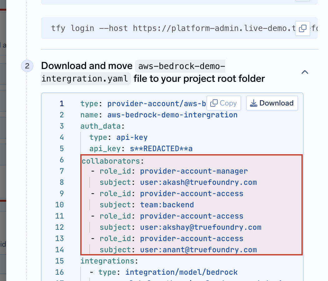 Apply using YAML for an AWS Bedrock provider account with its collaborators block highlighted