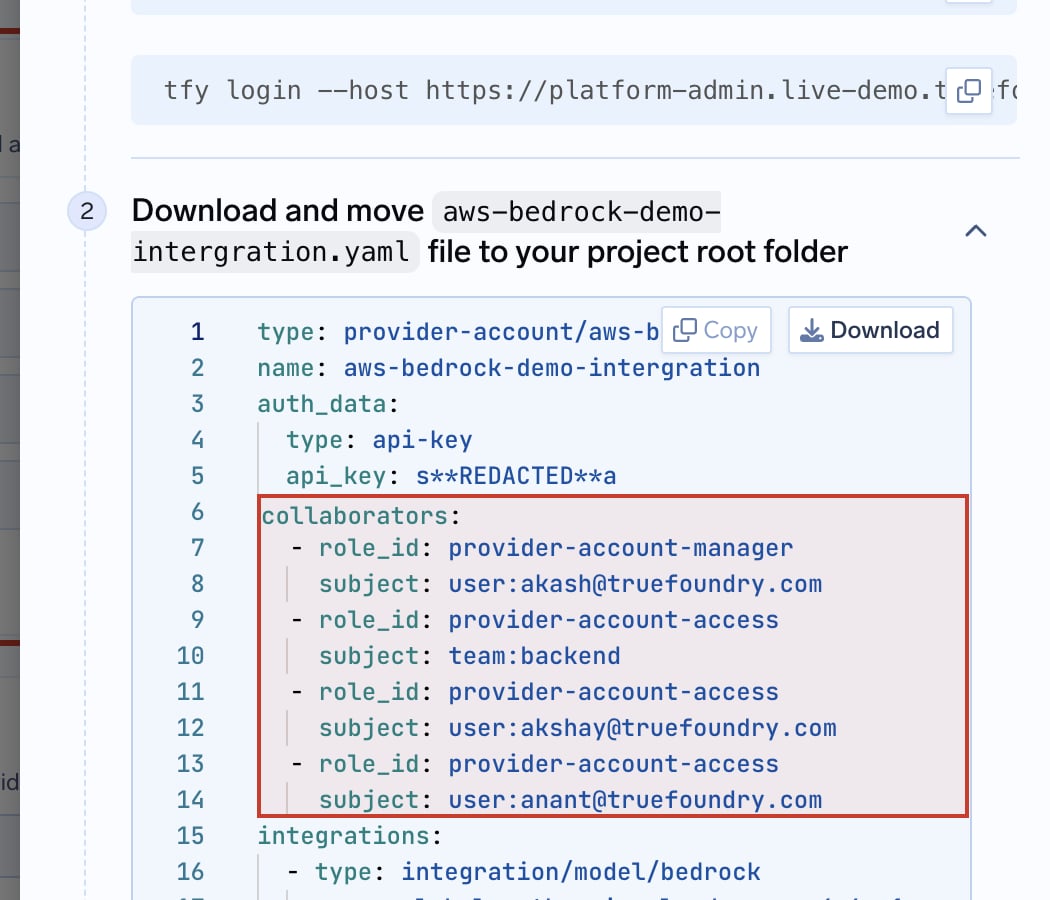 Apply using YAML for an AWS Bedrock provider account with its collaborators block highlighted