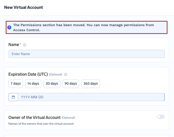 New Virtual Account form showing a notice that the Permissions section has moved to Access Control
