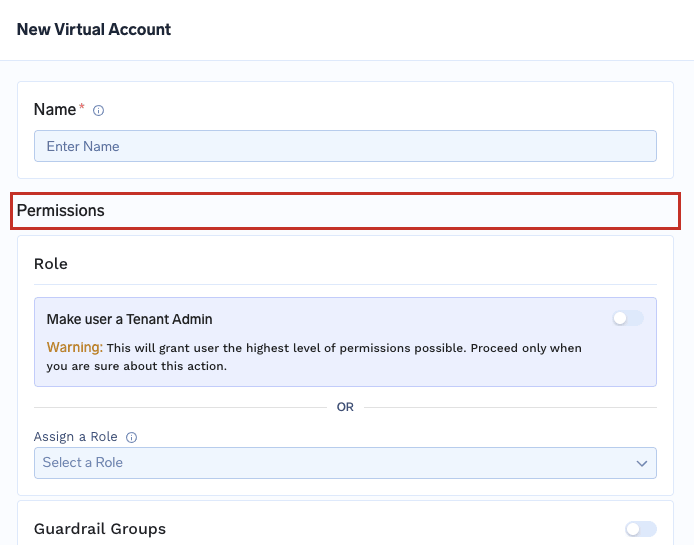 New Virtual Account form with a Permissions section containing role selection and per-resource-type toggles