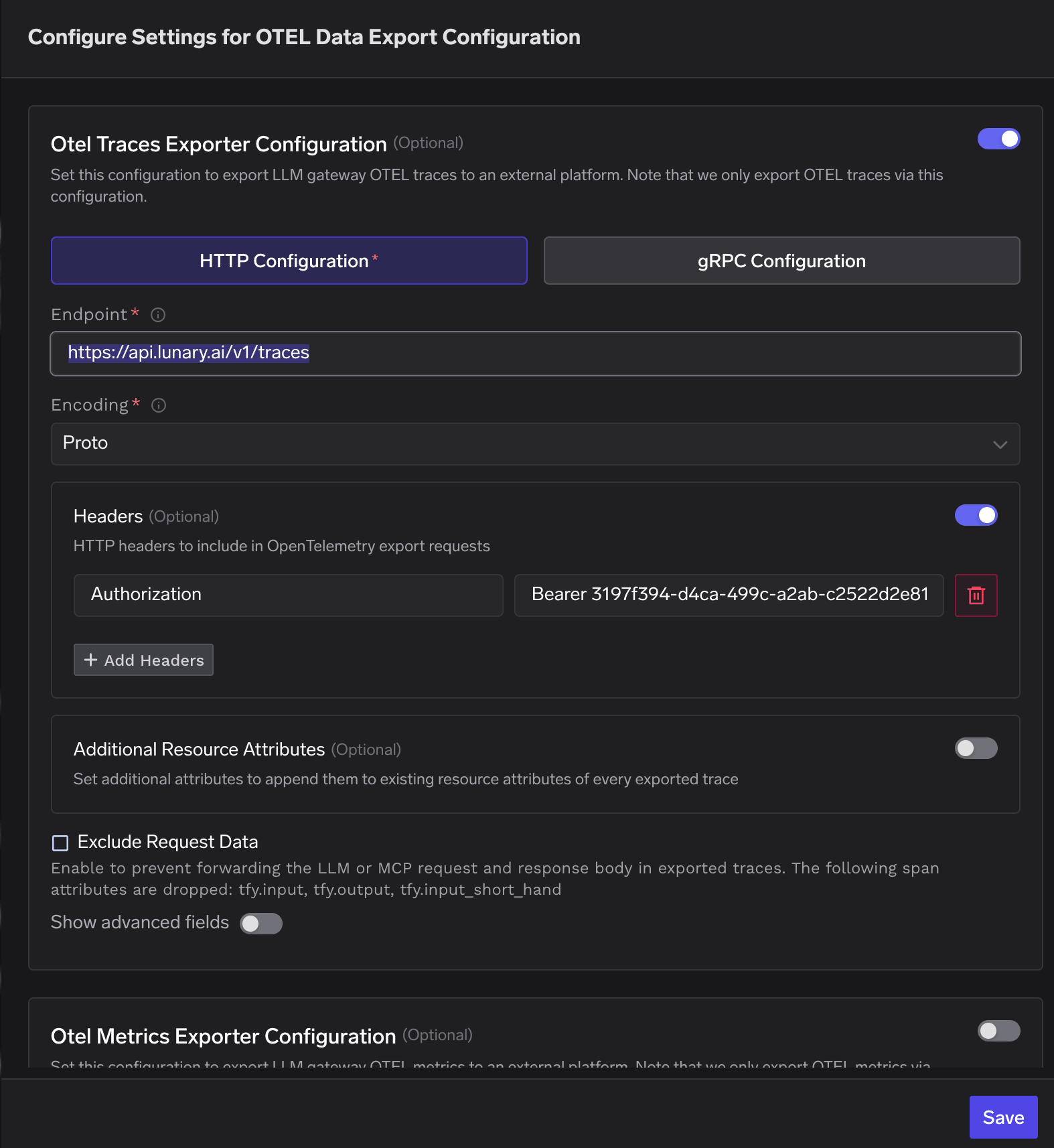 TrueFoundry OTEL Traces Exporter Configuration with HTTP endpoint https://api.lunary.ai/v1/traces, Proto encoding, and Authorization Bearer header for Lunary