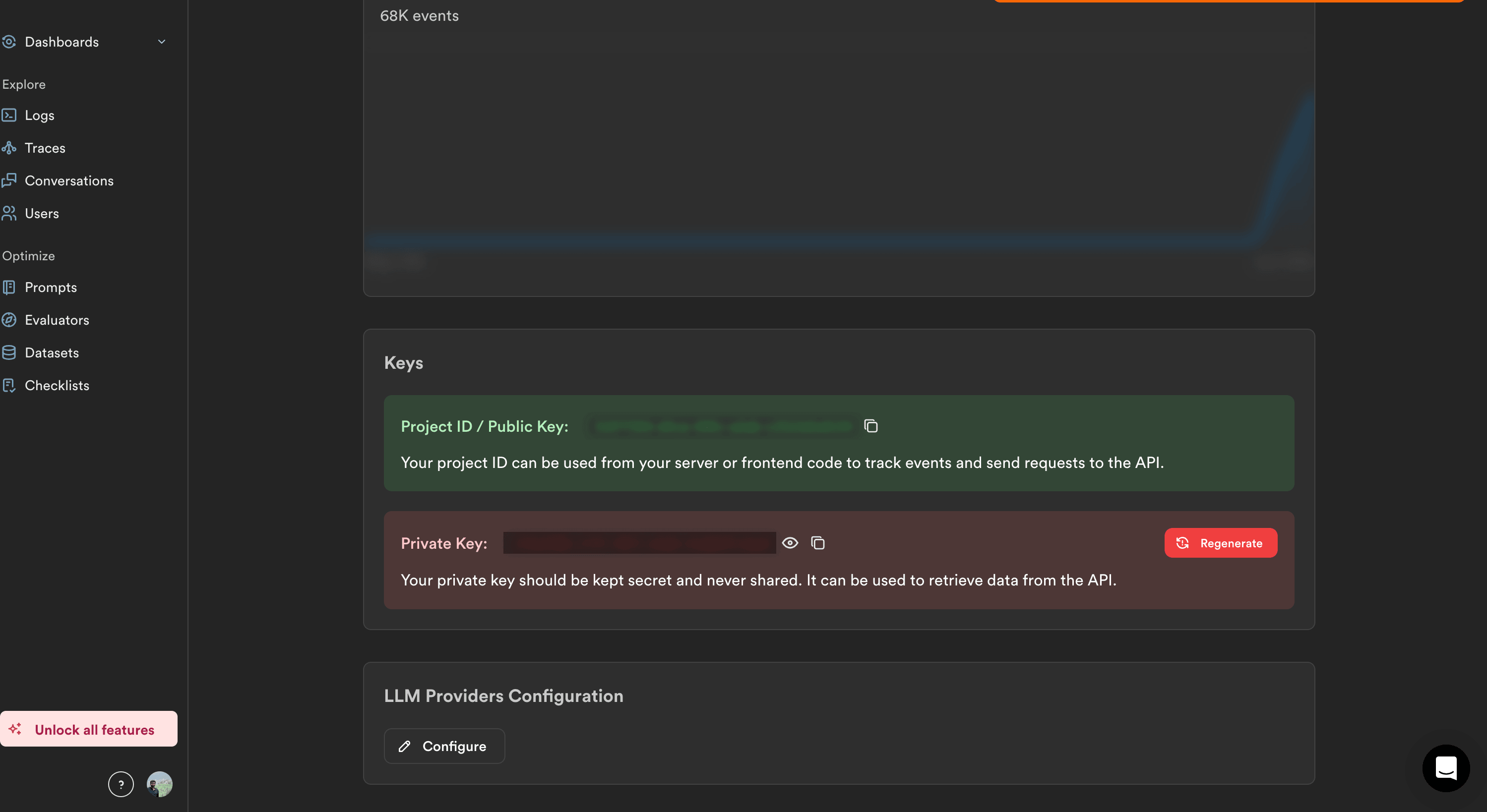Lunary project settings showing Project ID and Public Key with copy button for trace ingestion credentials