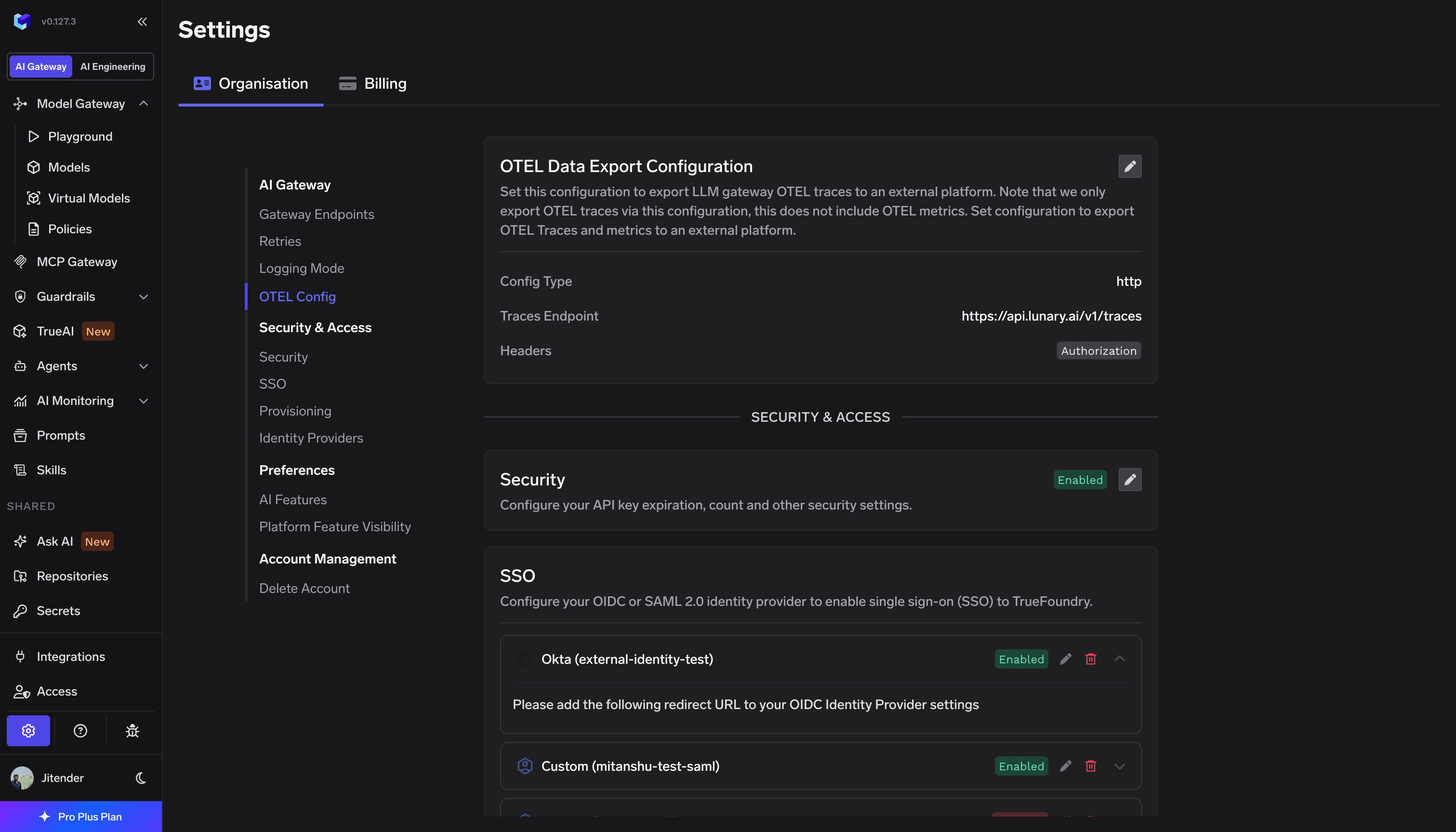 TrueFoundry Settings Organisation OTEL Config showing HTTP traces endpoint https://api.lunary.ai/v1/traces and Authorization header