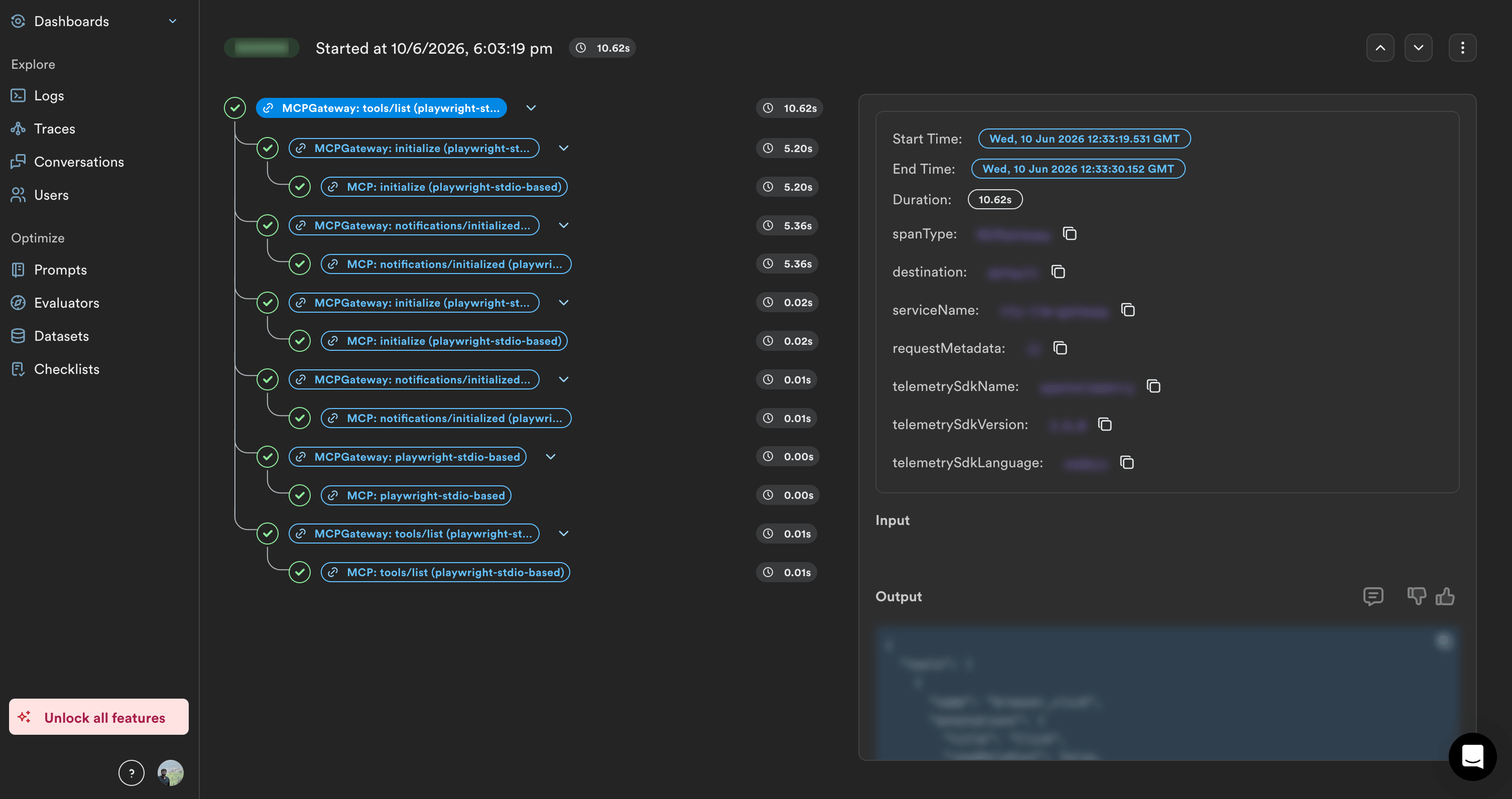Lunary Traces dashboard showing gateway span hierarchy with MCP and model call details, metadata, and input and output panels