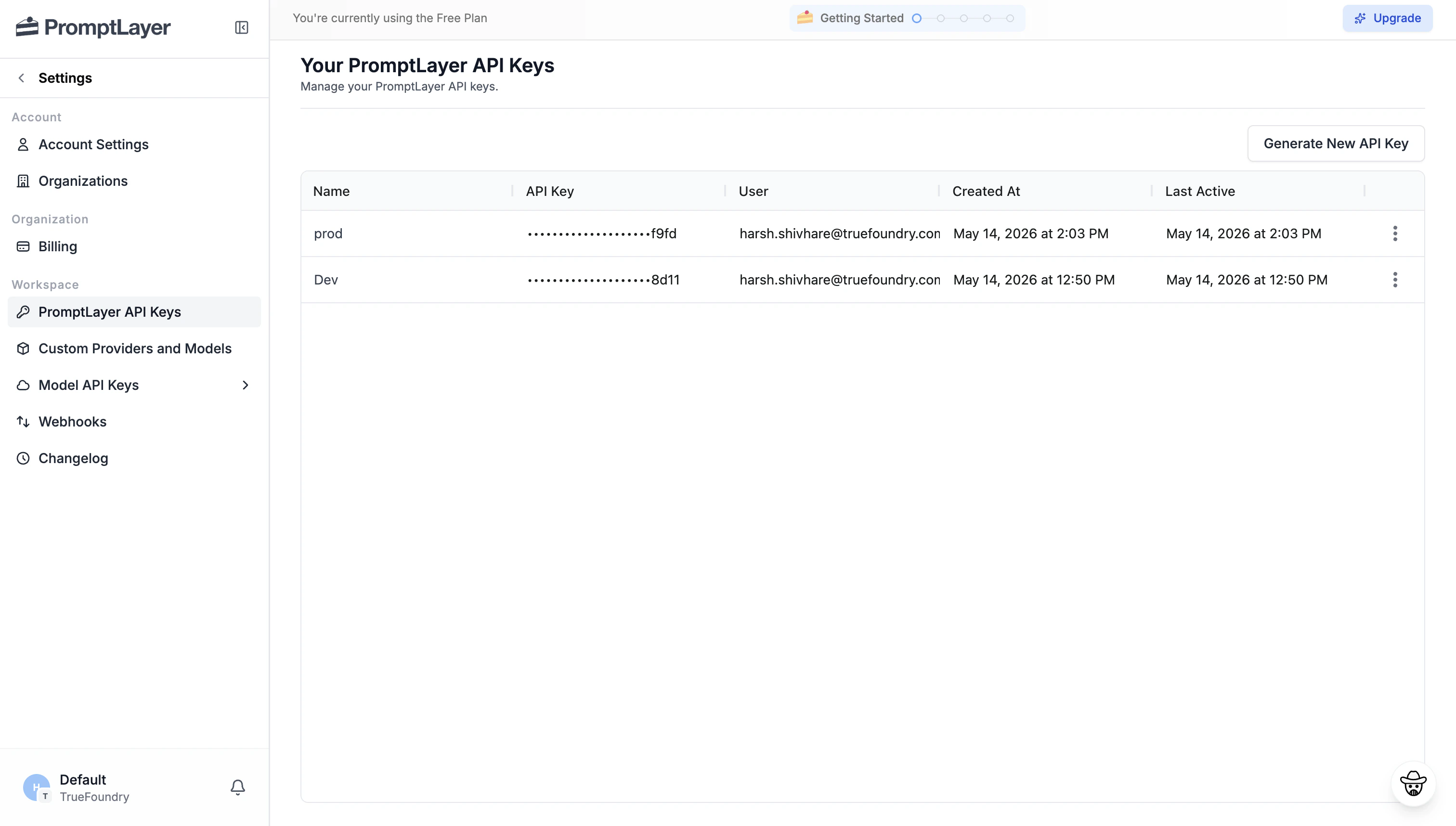 PromptLayer Settings page showing the PromptLayer API Keys section with existing keys listed