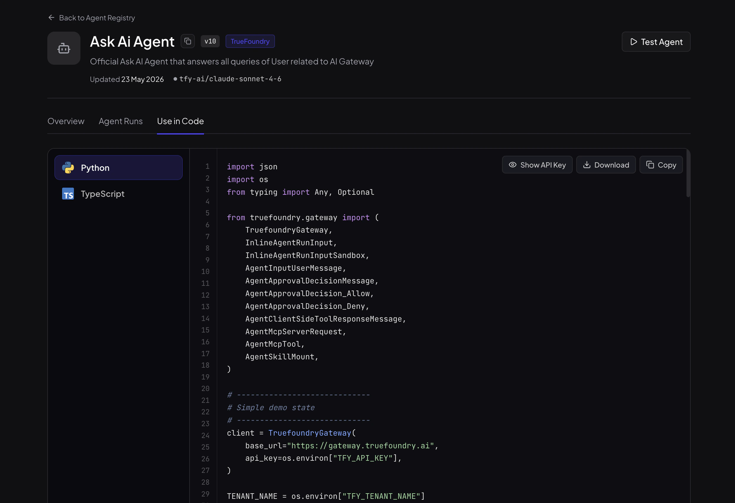 Use in Code tab showing a Python code snippet using the truefoundry gateway SDK