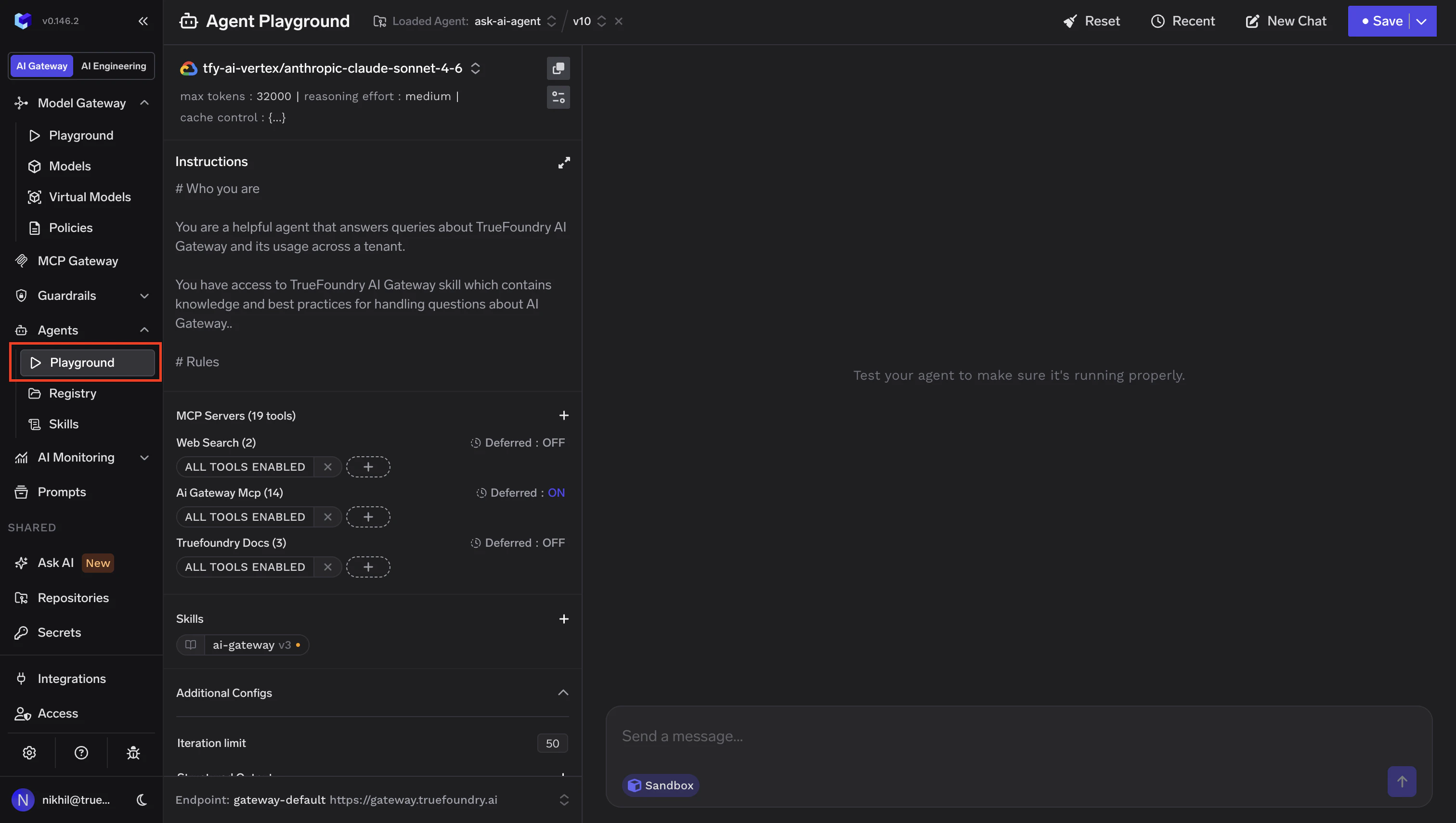 Agent Playground with model selection, system prompt, MCP servers, and skills panels