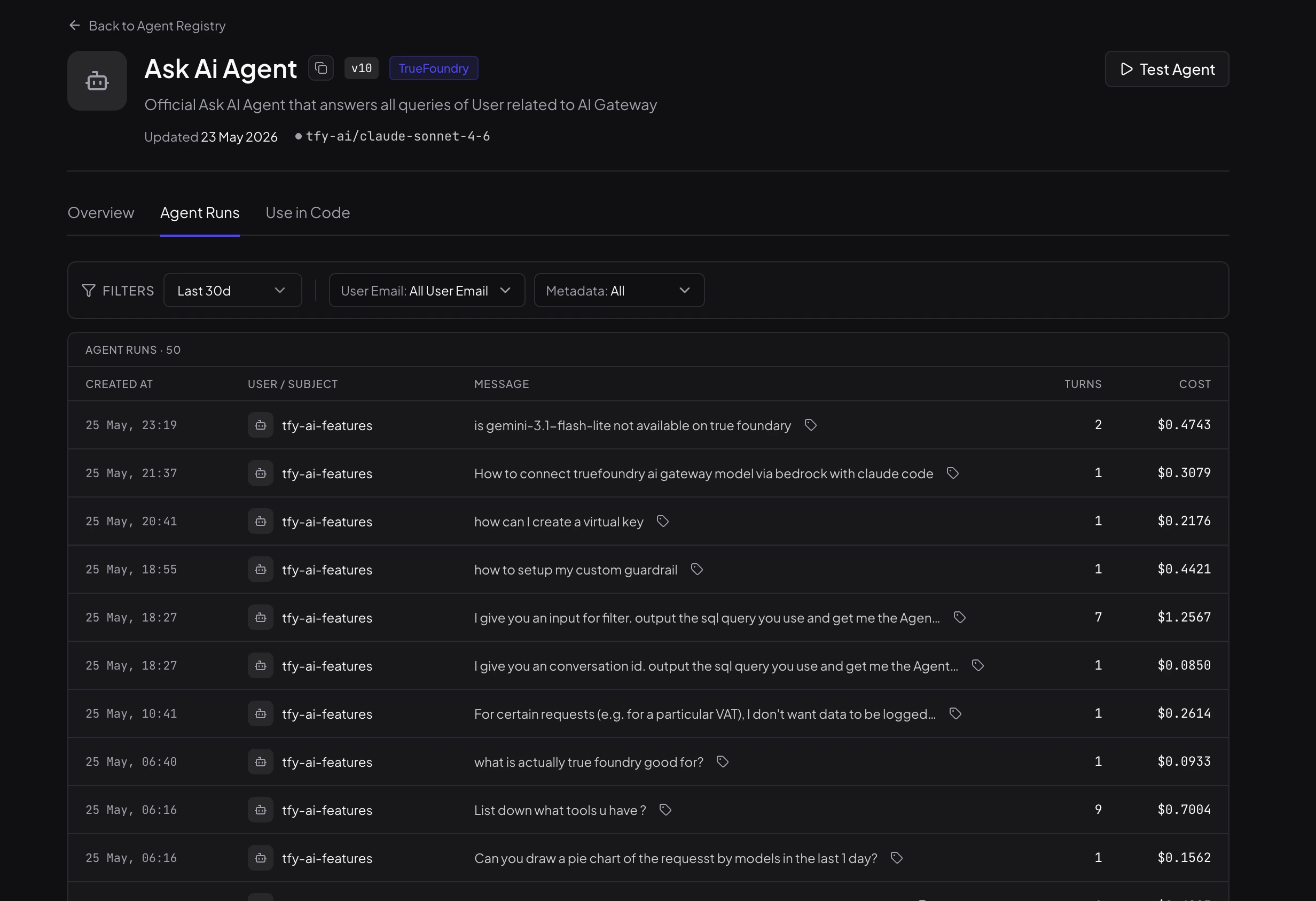 Agent Runs tab with a list of executions filtered by last 30 days, showing user, message, turns, and cost