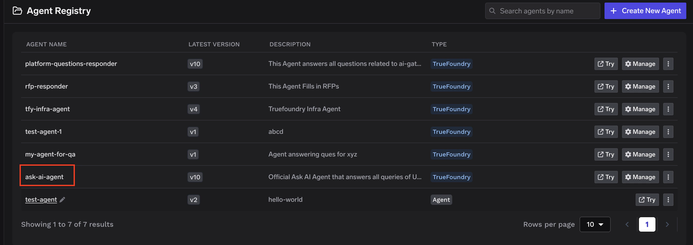 Agent Registry showing a list of agents with the ask-ai-agent row highlighted