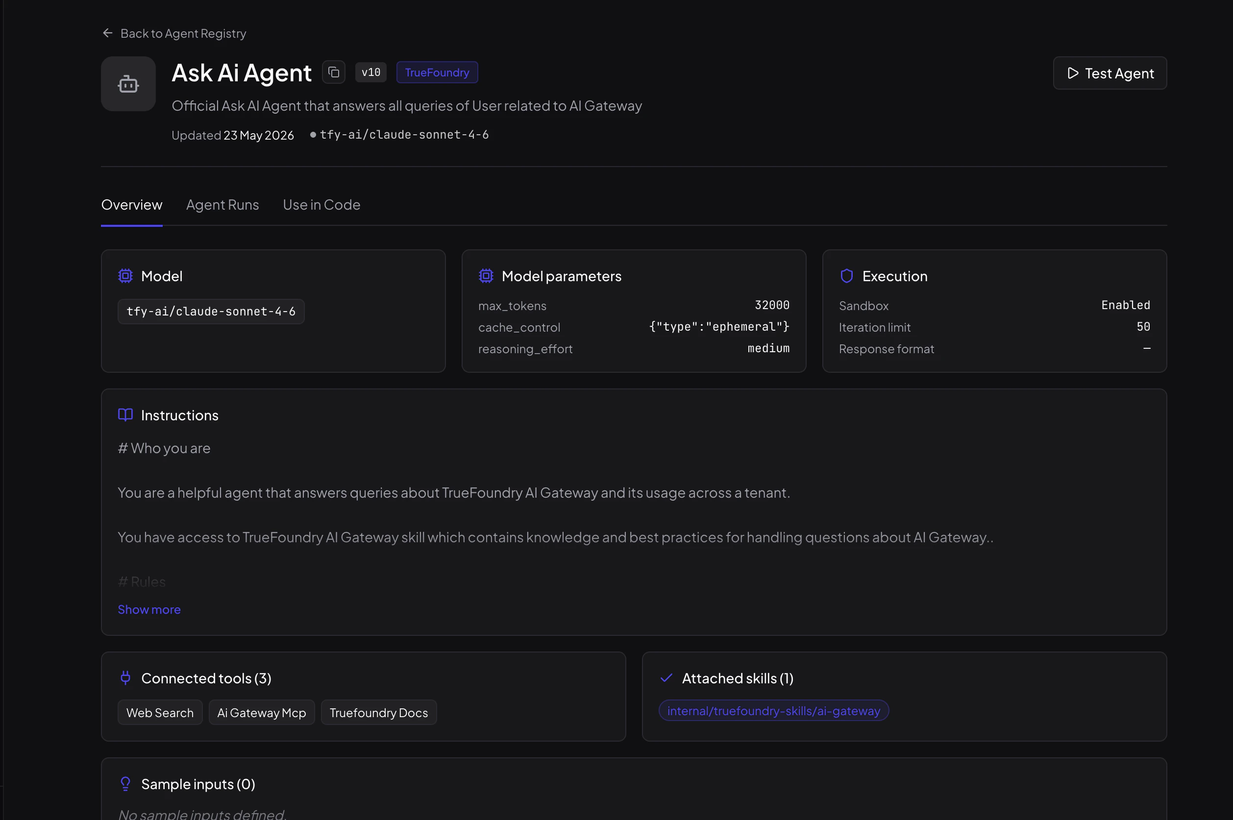 Agent Overview tab showing model config, instructions, connected tools and attached skills