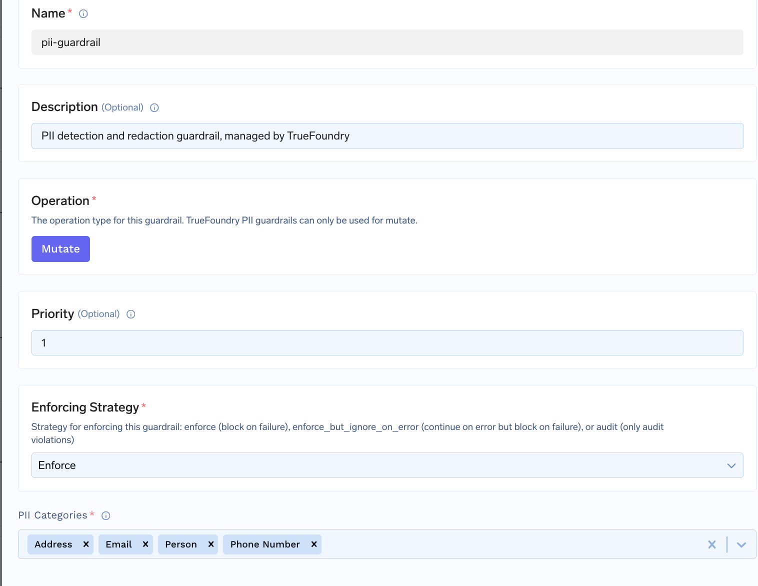 PII/PHI Detection configuration form showing entity category selection