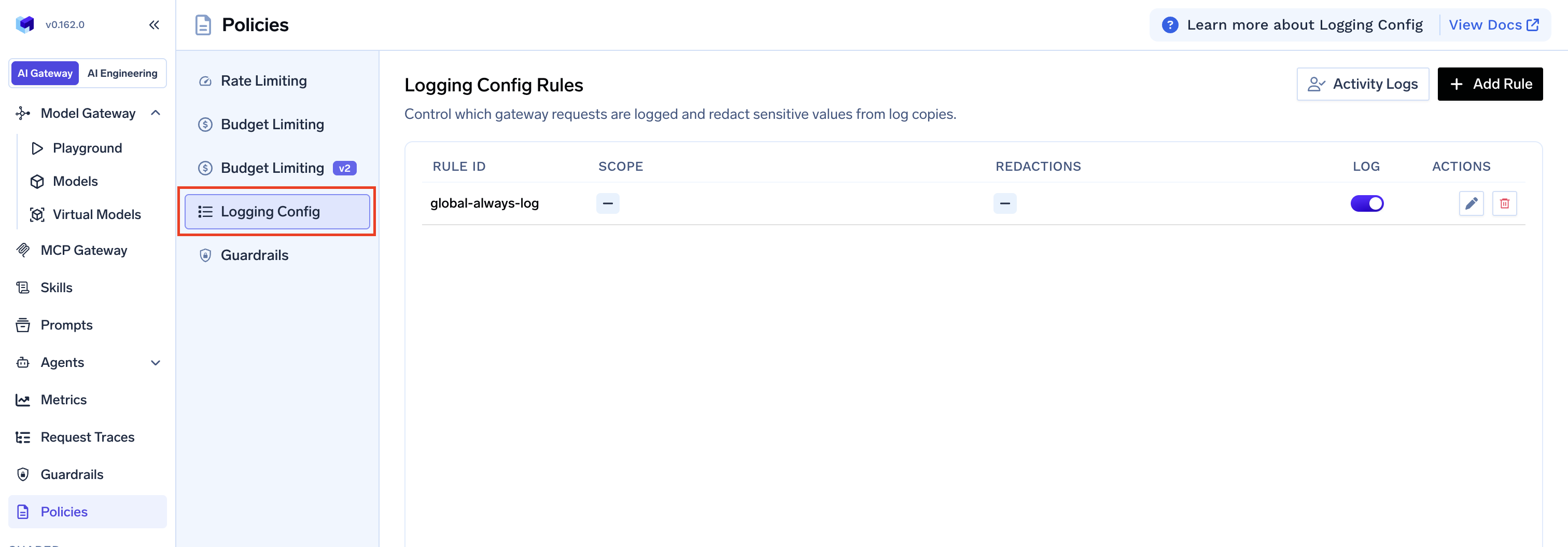 Logging Config tab under Gateway Policies showing logging rules with scope, redactions, and log toggle columns