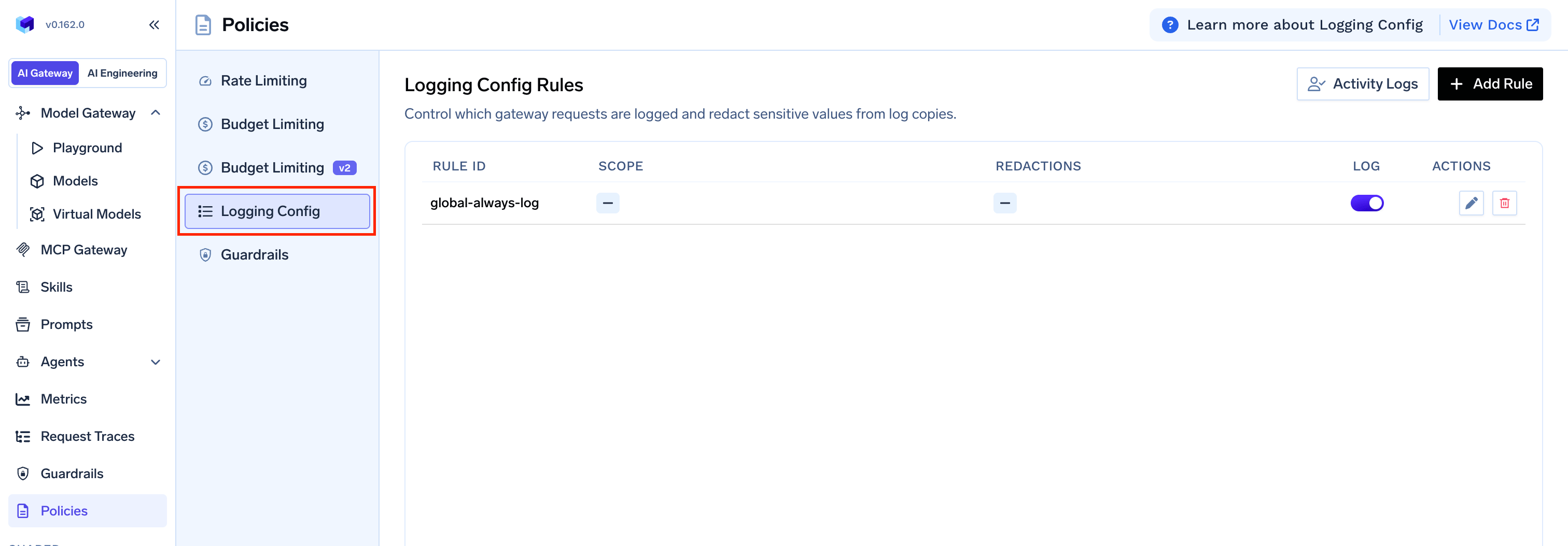 Logging Config tab under Gateway Policies showing logging rules with scope, redactions, and log toggle columns