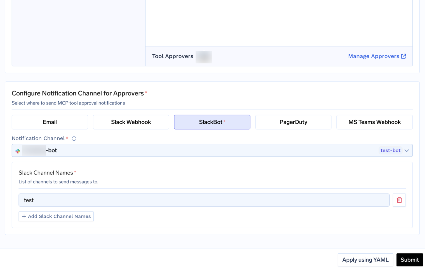 Configure Notification Channel for Approvers with SlackBot selected and a Slack channel name configured