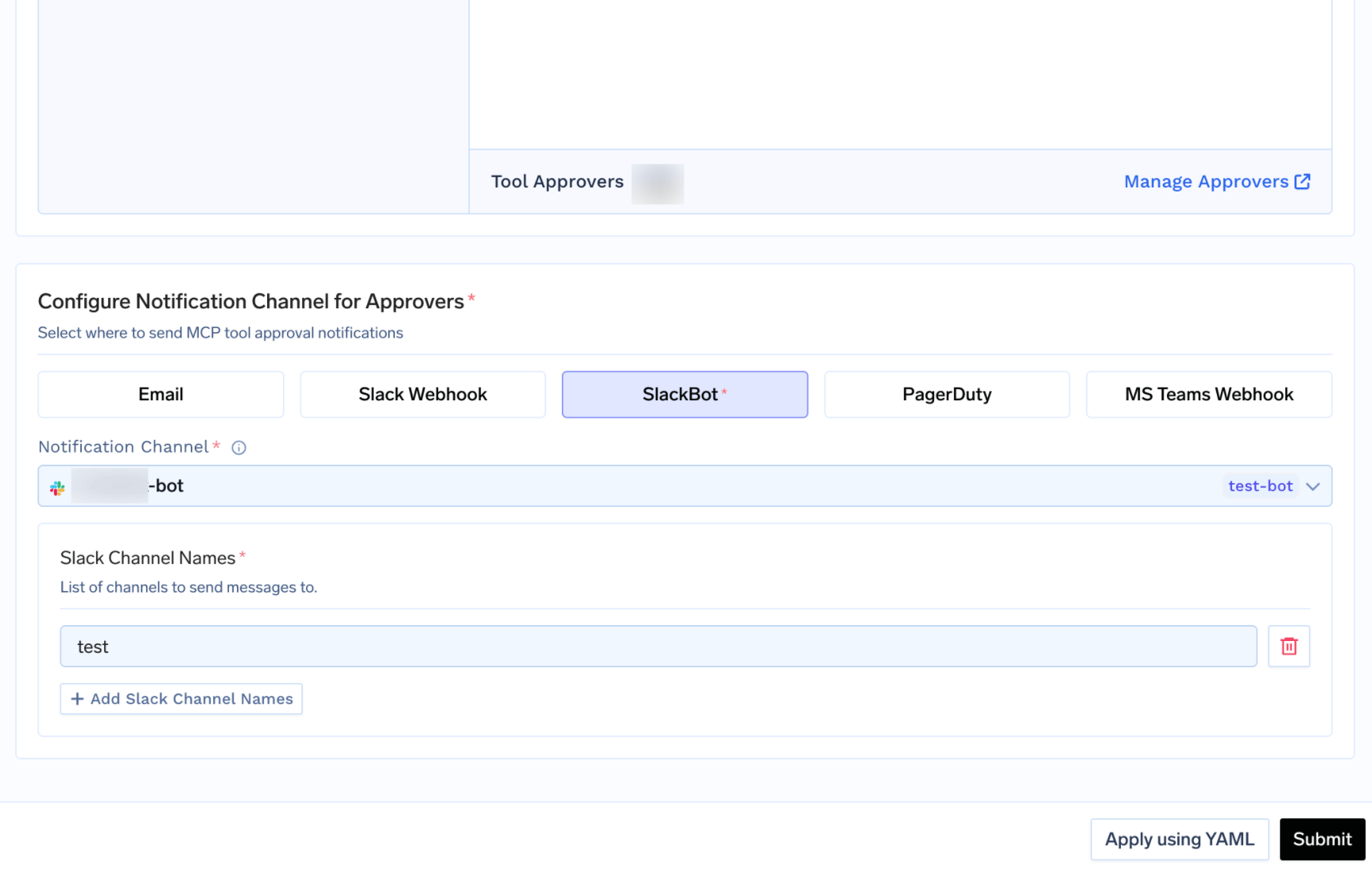 Configure Notification Channel for Approvers with SlackBot selected and a Slack channel name configured