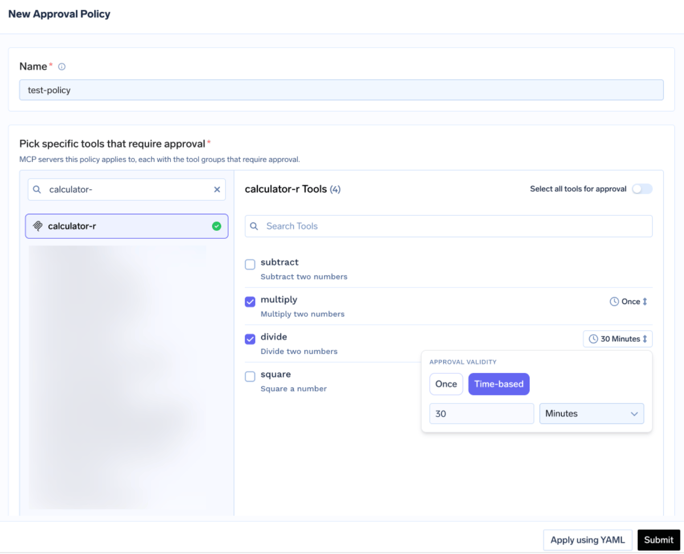 New Approval Policy form showing calculator-r tools with multiply and divide selected, including Once and Time-based approval validity options