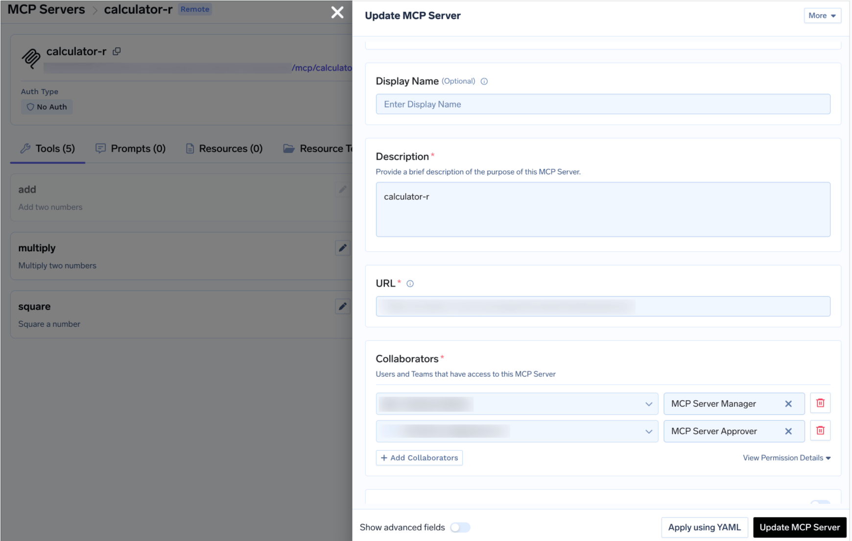 Update MCP Server drawer showing Collaborators with MCP Server Manager and MCP Server Approver roles