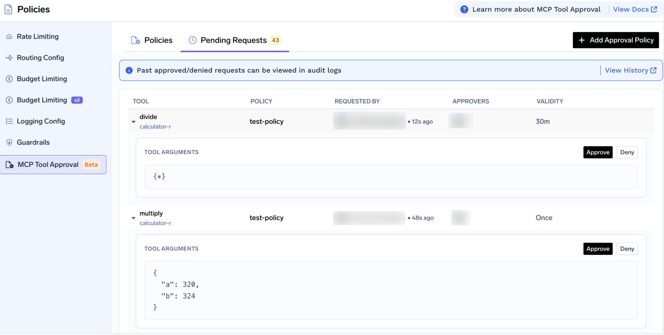 Pending Requests tab listing divide and multiply approval requests with Approve and Deny actions
