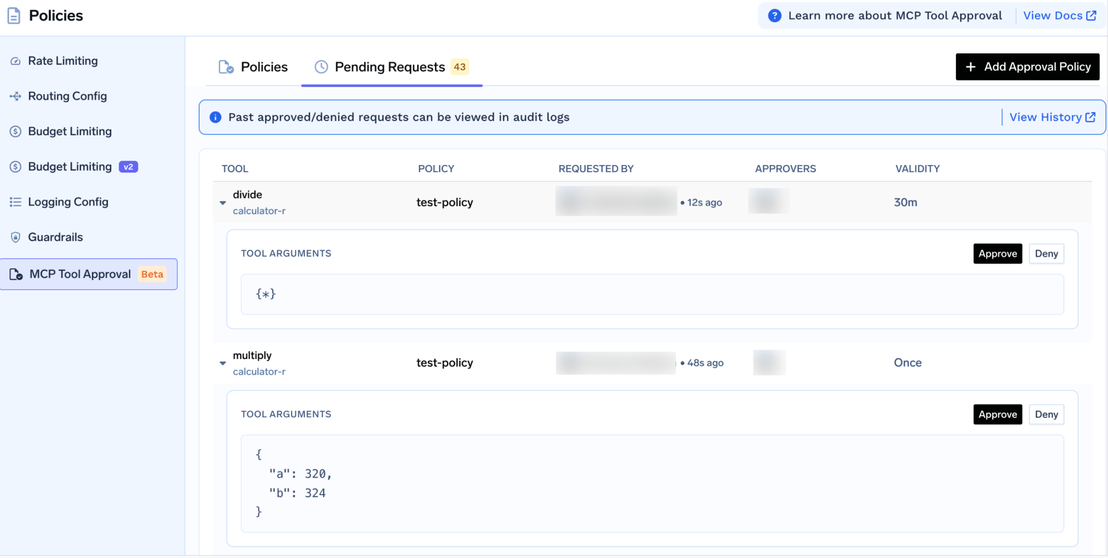 Pending Requests tab listing divide and multiply approval requests with Approve and Deny actions