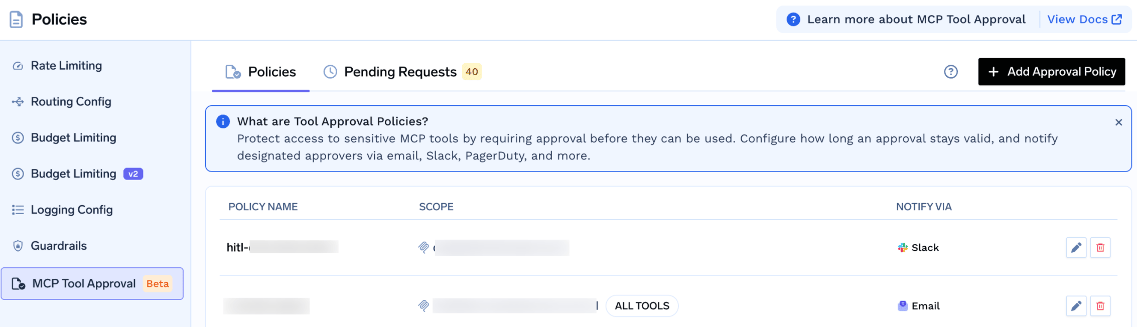 AI Gateway Policies page showing MCP Tool Approval with the Policies tab, existing policies, and Add Approval Policy button